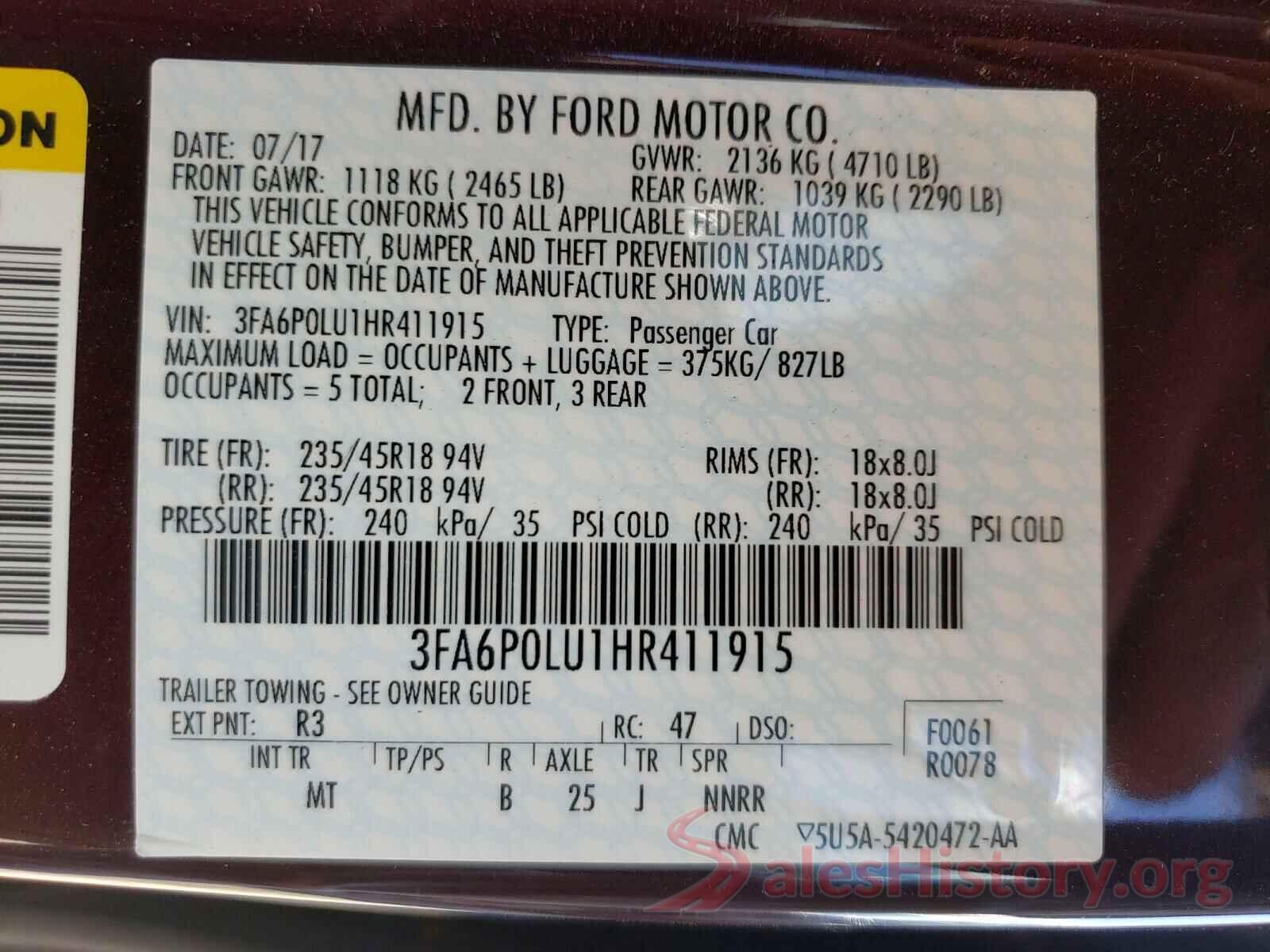 3FA6P0LU1HR411915 2017 FORD FUSION