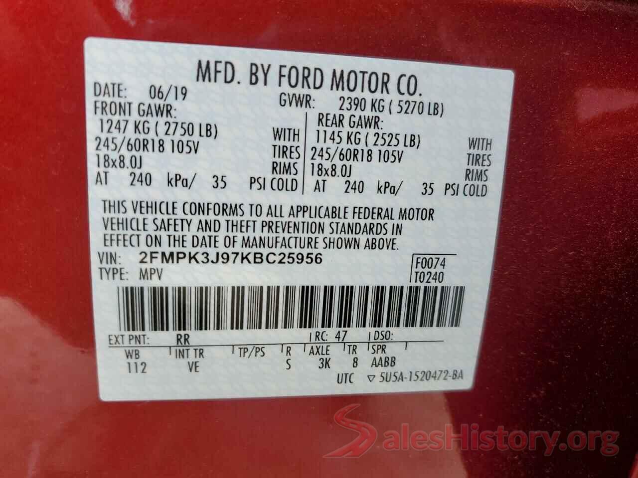 2FMPK3J97KBC25956 2019 FORD EDGE