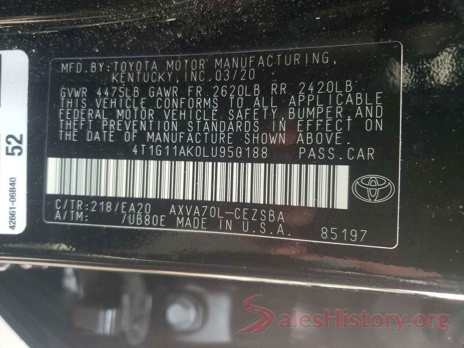 4T1G11AK0LU950188 2020 TOYOTA CAMRY