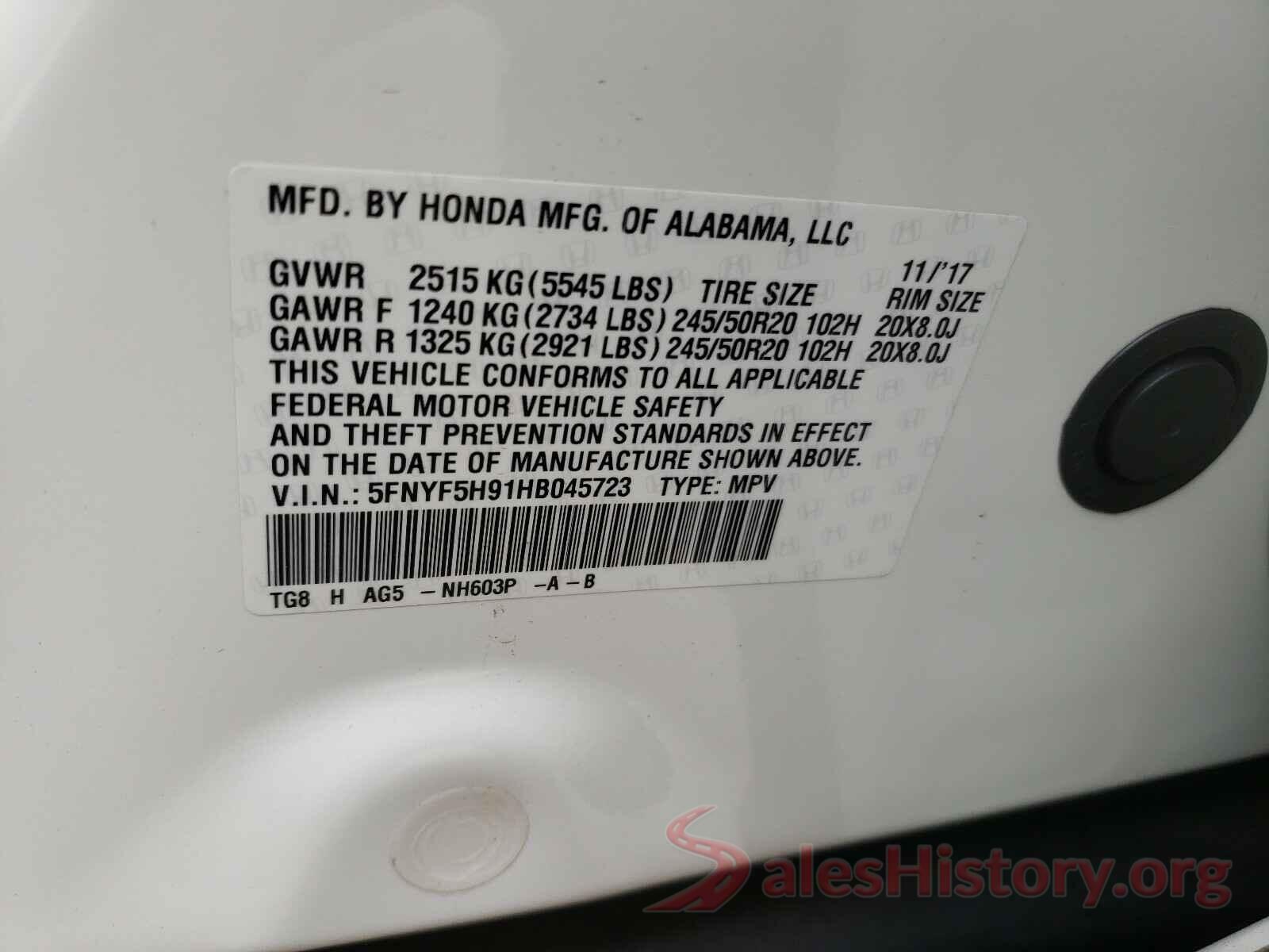 5FNYF5H91HB045723 2017 HONDA PILOT