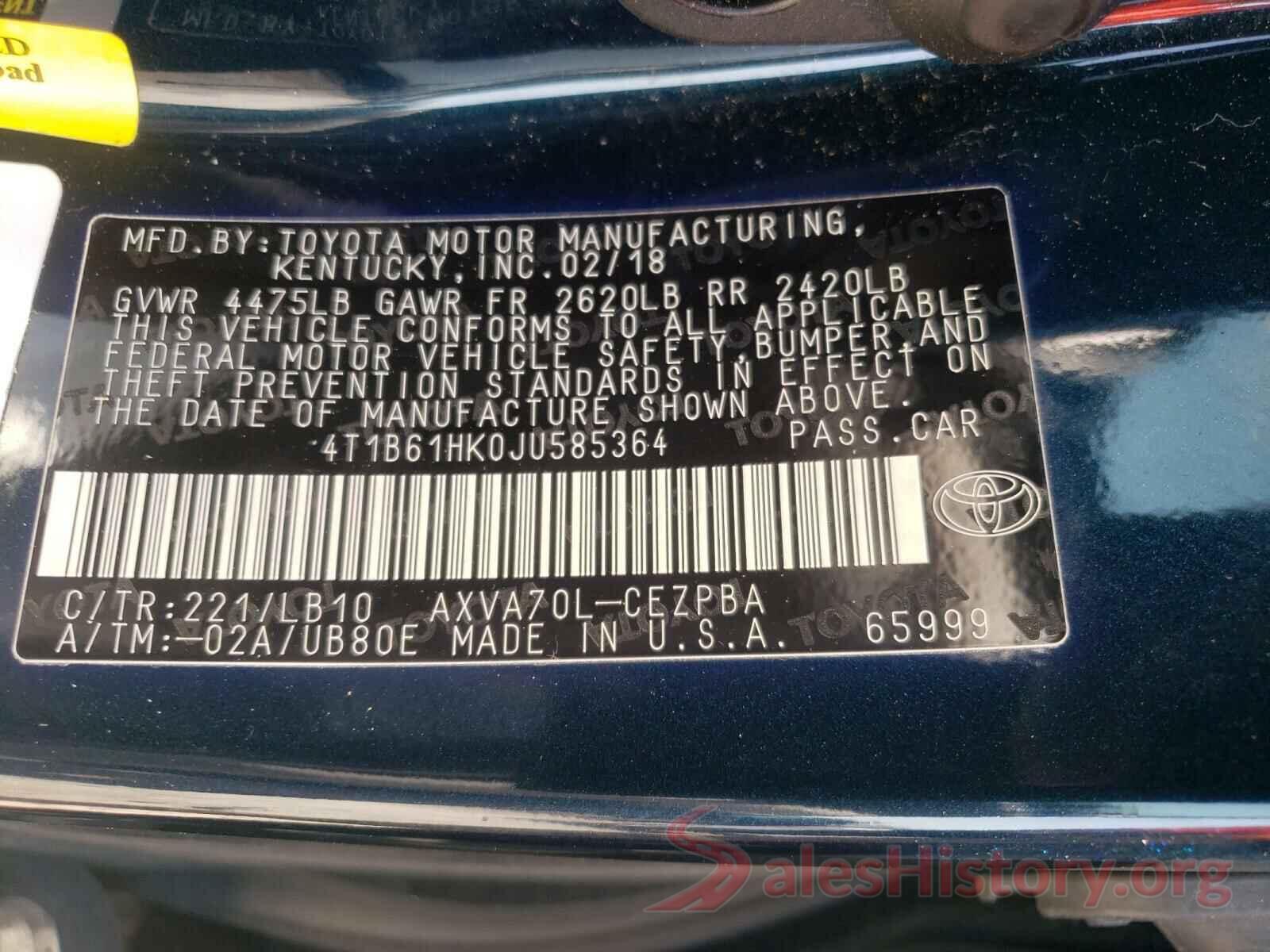 4T1B61HK0JU585364 2018 TOYOTA CAMRY