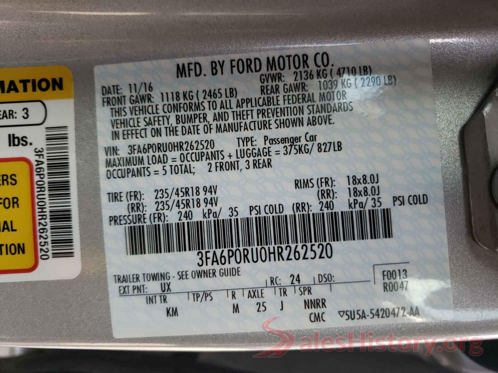 3FA6P0RU0HR262520 2017 FORD FUSION