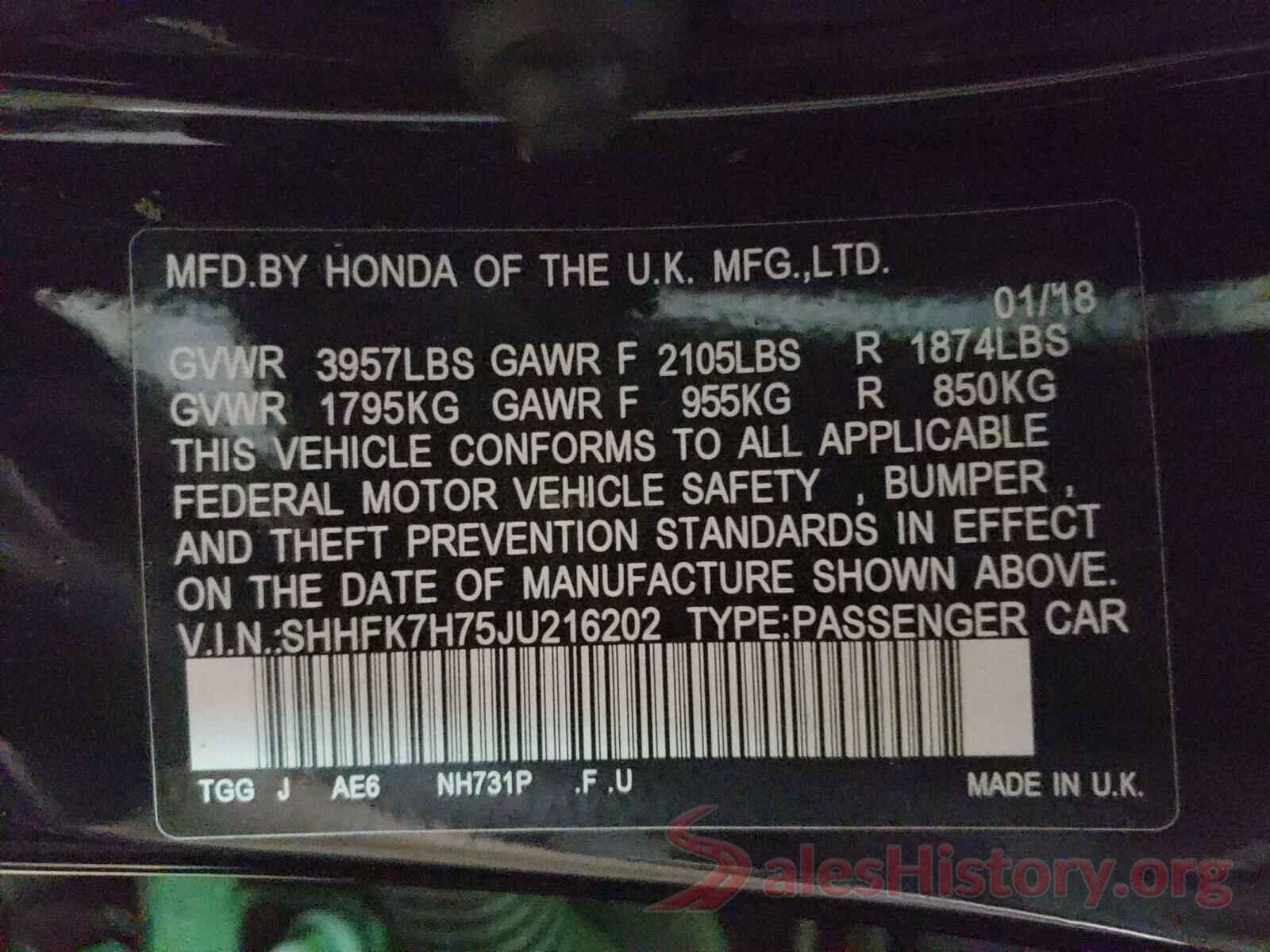 SHHFK7H75JU216202 2018 HONDA CIVIC