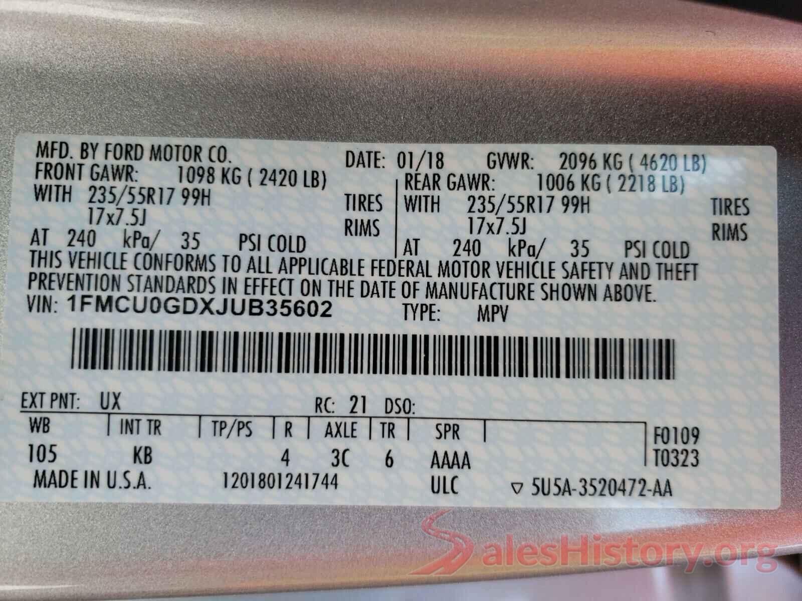 1FMCU0GDXJUB35602 2018 FORD ESCAPE