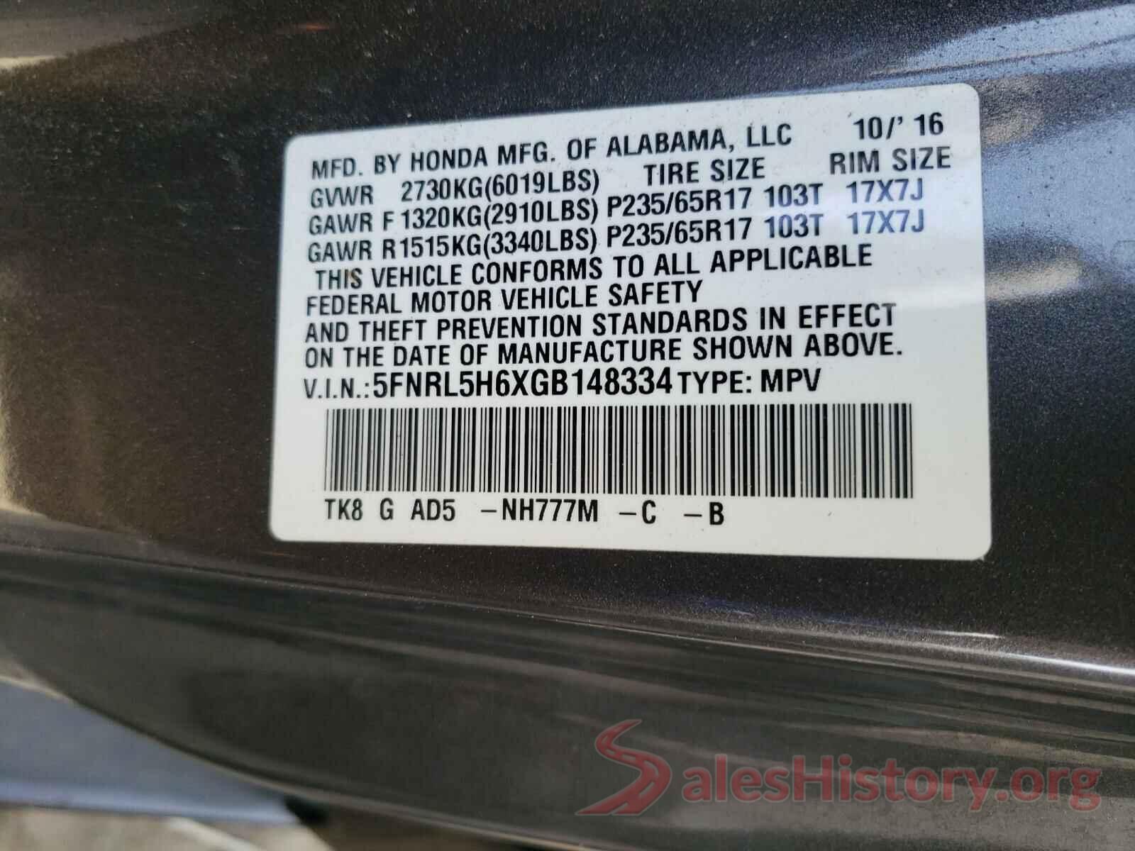 5FNRL5H6XGB148334 2016 HONDA ODYSSEY