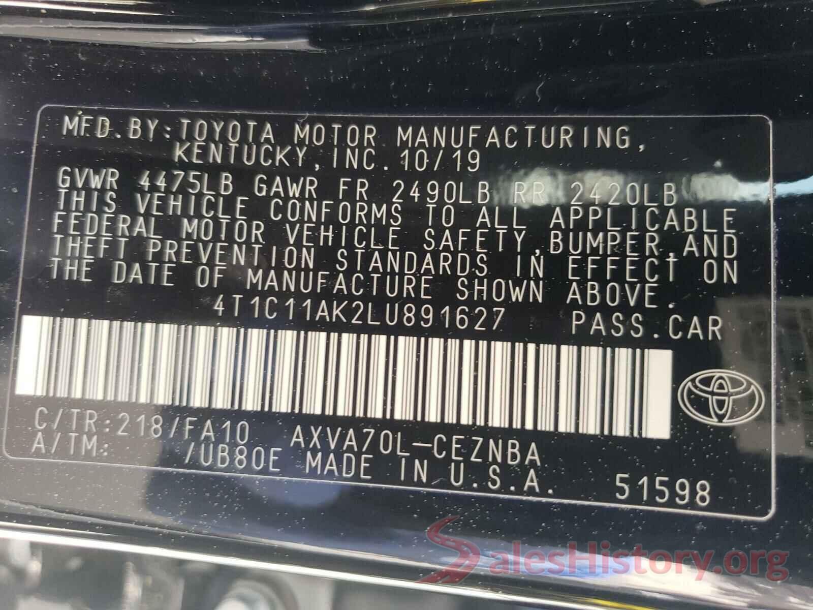 4T1C11AK2LU891627 2020 TOYOTA CAMRY