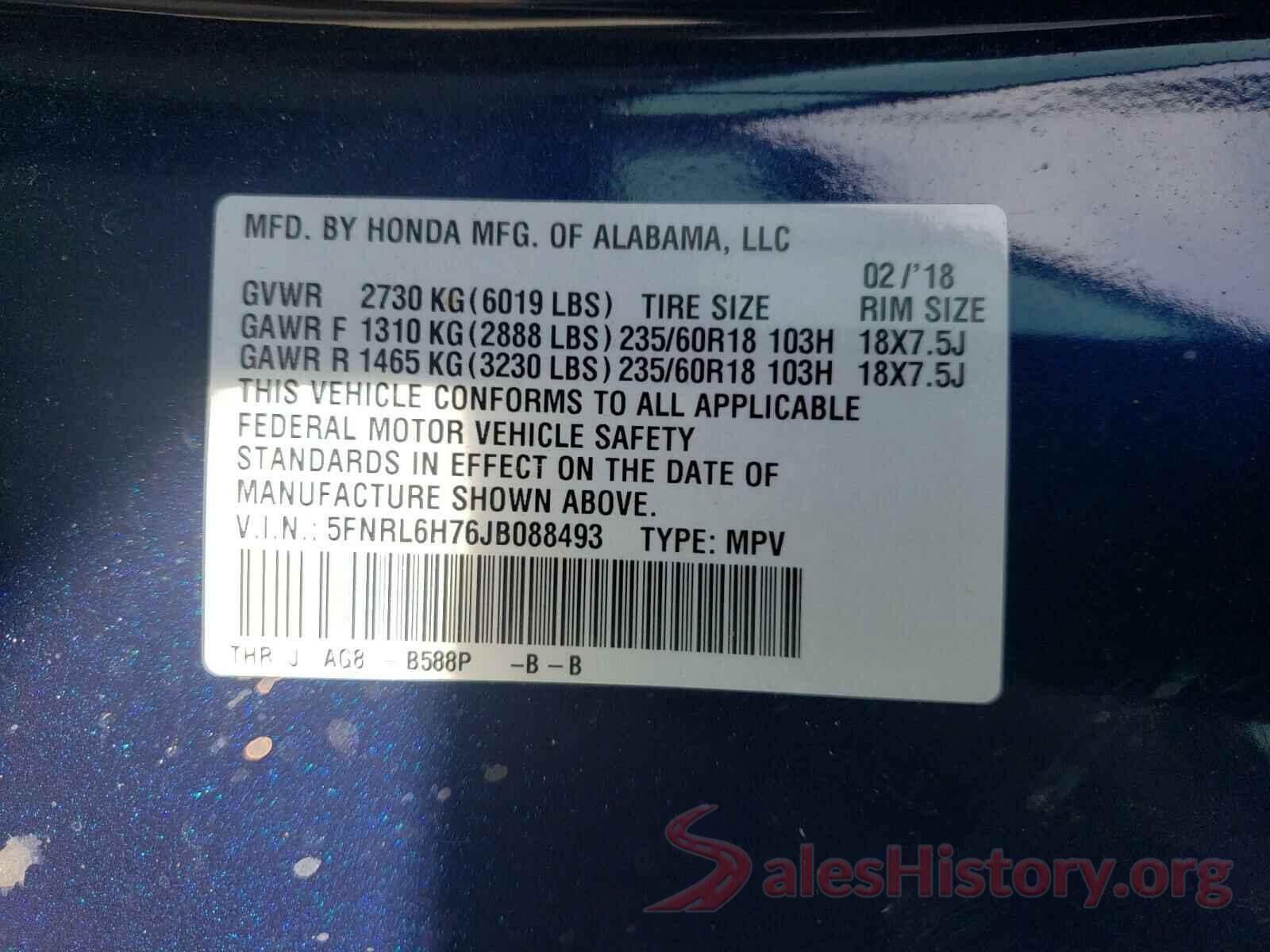 5FNRL6H76JB088493 2018 HONDA ODYSSEY