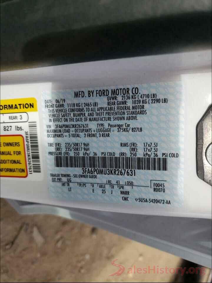 3FA6P0MU3KR267631 2019 FORD FUSION