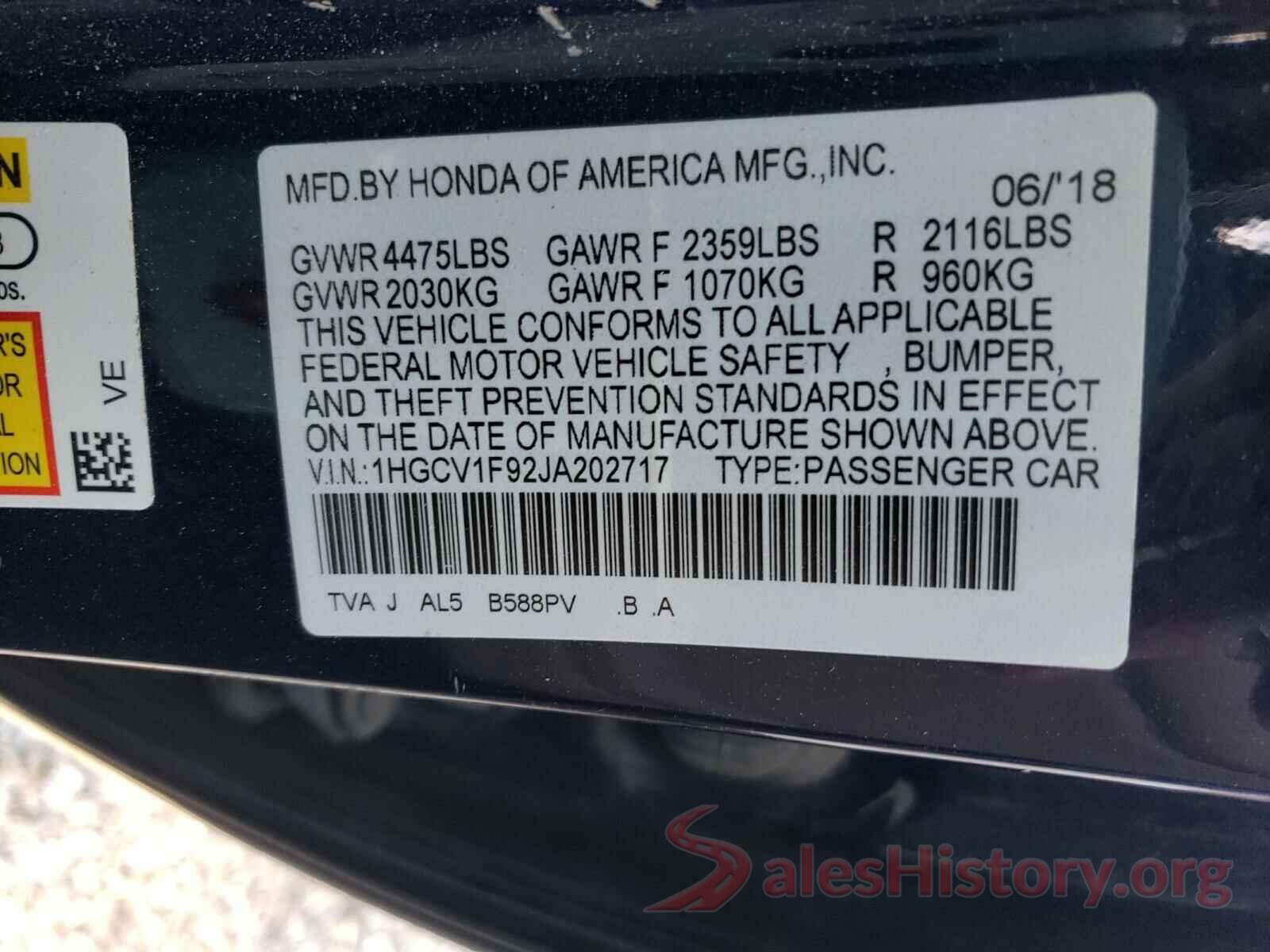 1HGCV1F92JA202717 2018 HONDA ACCORD