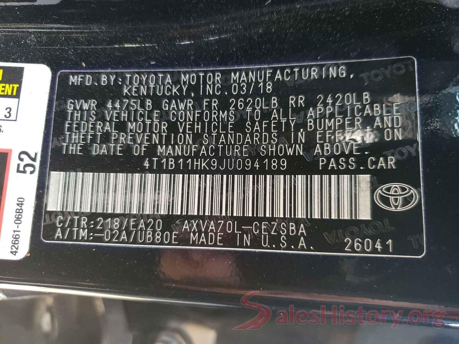 4T1B11HK9JU094189 2018 TOYOTA CAMRY