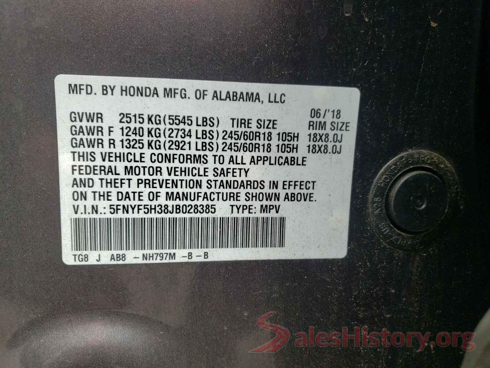 5FNYF5H38JB028385 2018 HONDA PILOT