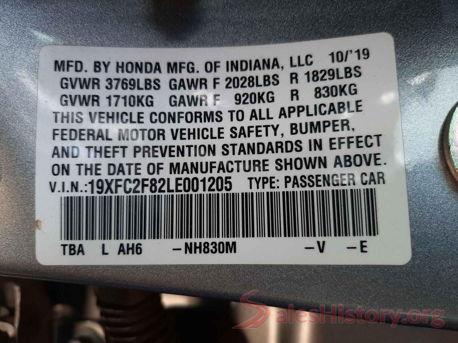 19XFC2F82LE001205 2020 HONDA CIVIC