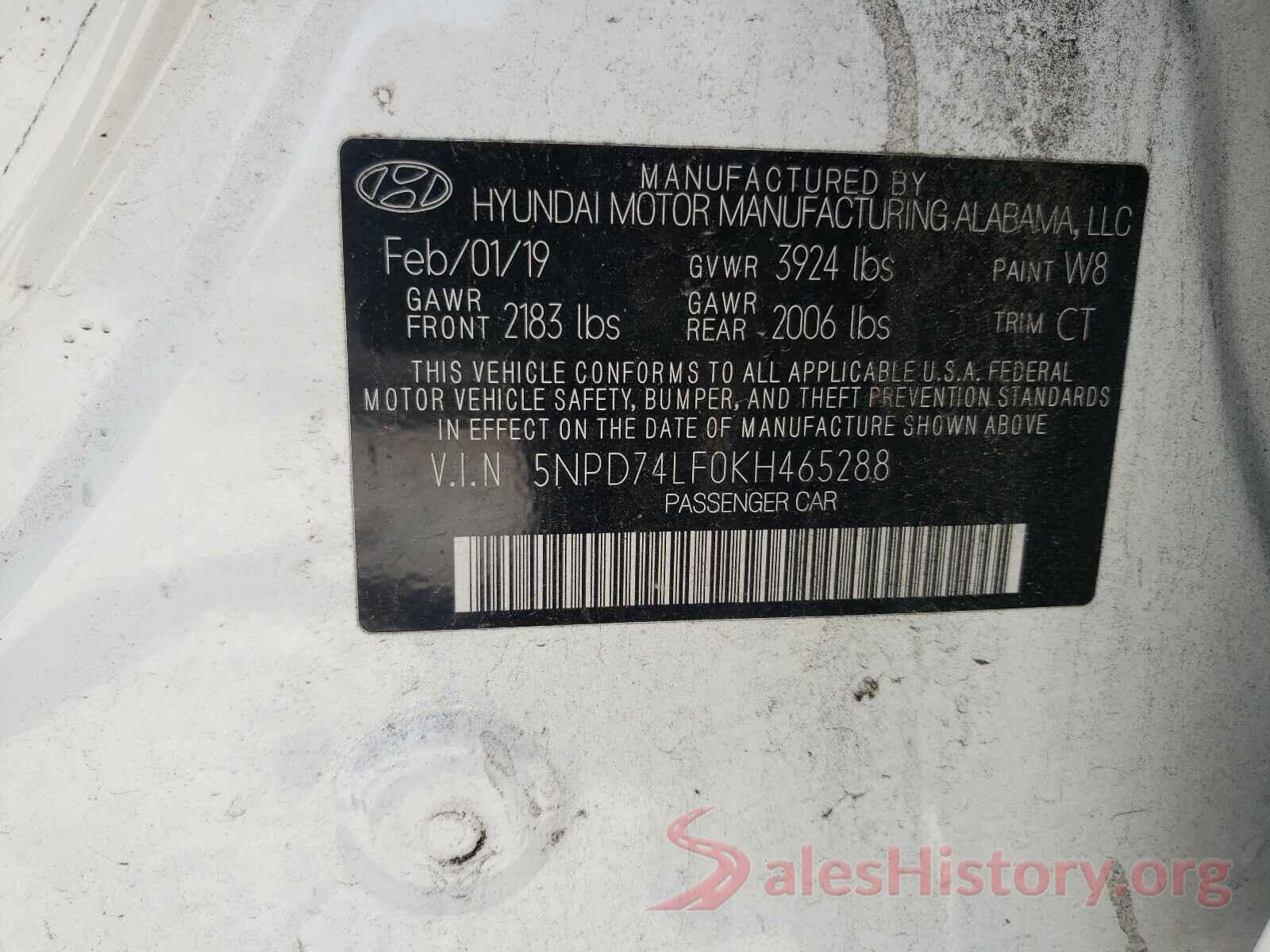 5NPD74LF0KH465288 2019 HYUNDAI ELANTRA