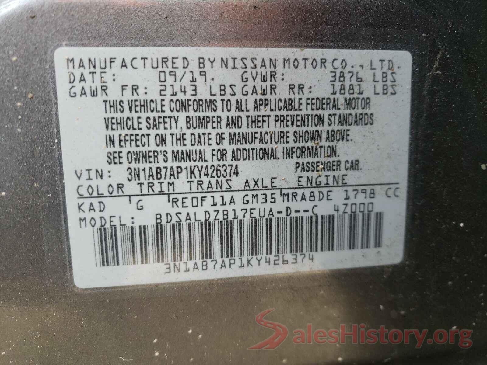 3N1AB7AP1KY426374 2019 NISSAN SENTRA