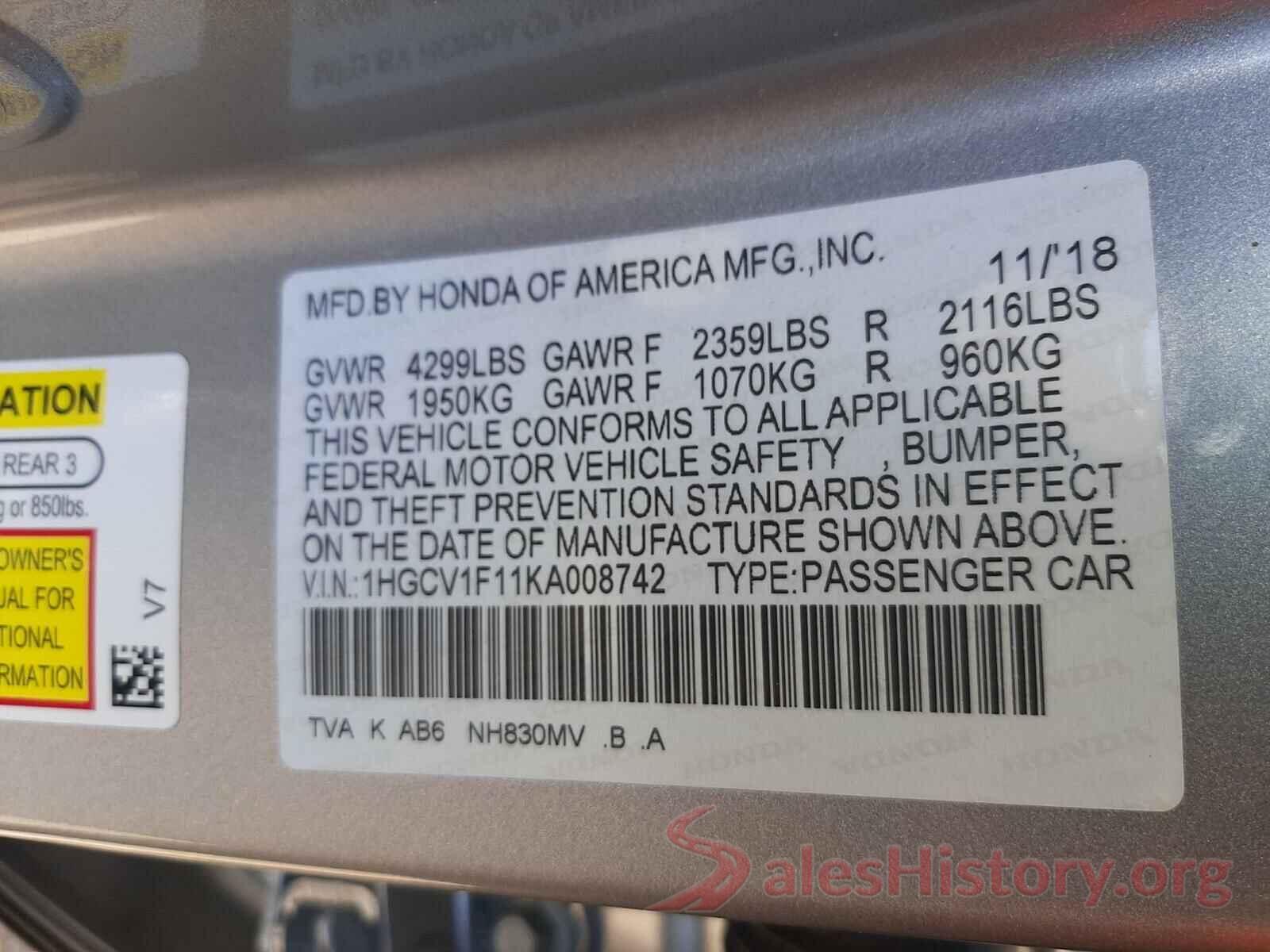 1HGCV1F11KA008742 2019 HONDA ACCORD