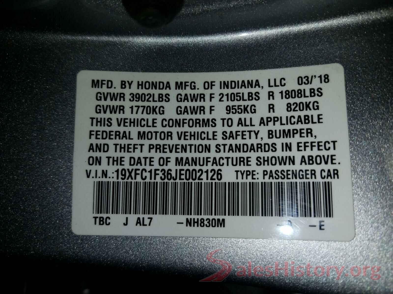 19XFC1F36JE002126 2018 HONDA CIVIC