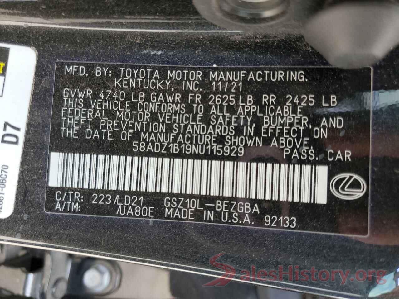 58ADZ1B19NU115929 2022 LEXUS ES350