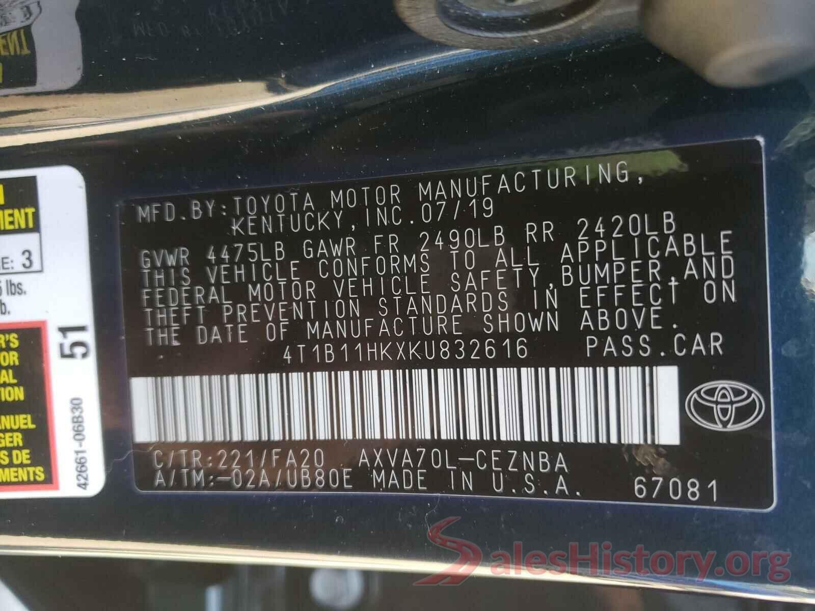 4T1B11HKXKU832616 2019 TOYOTA CAMRY