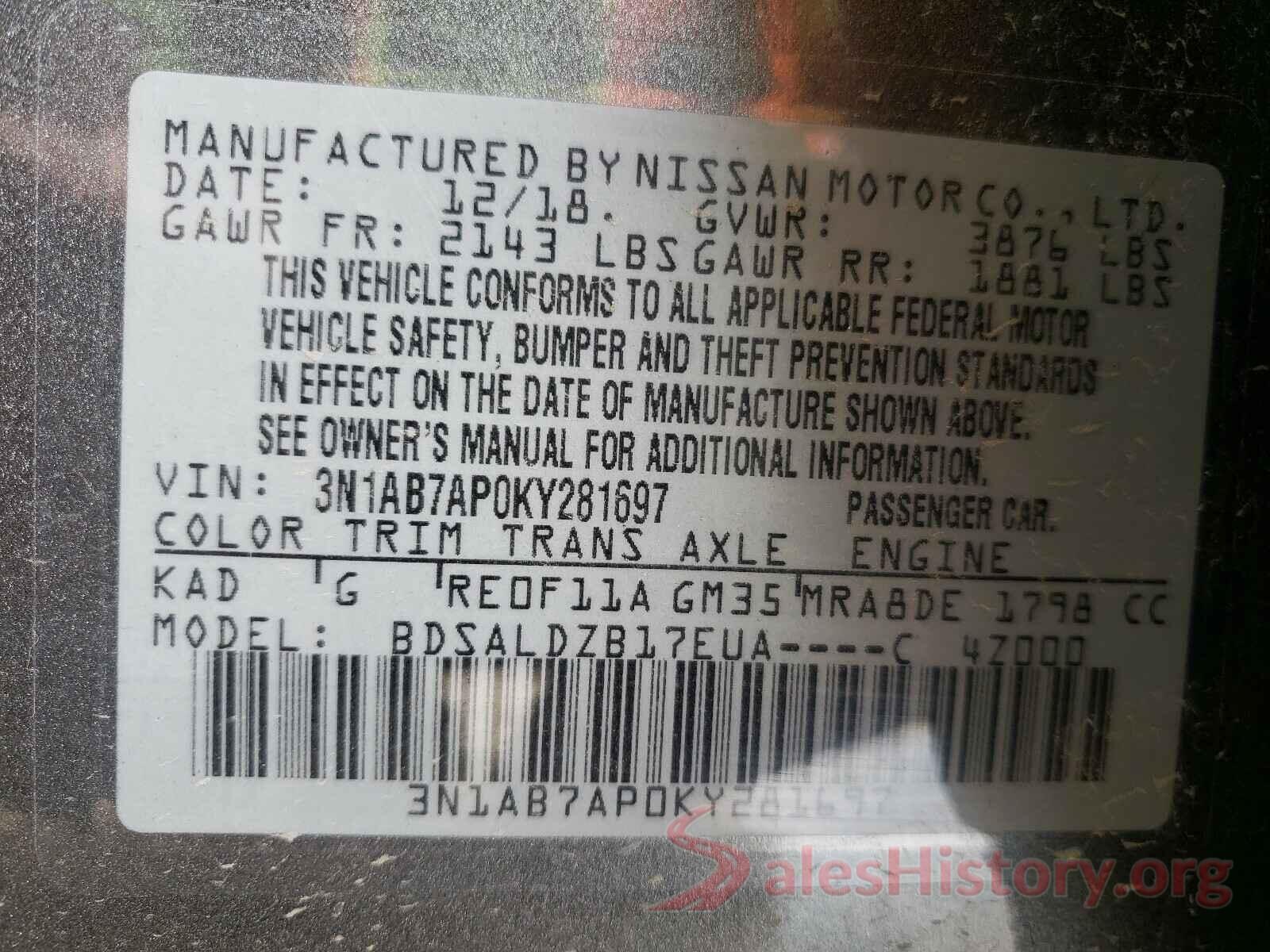 3N1AB7AP0KY281697 2019 NISSAN SENTRA