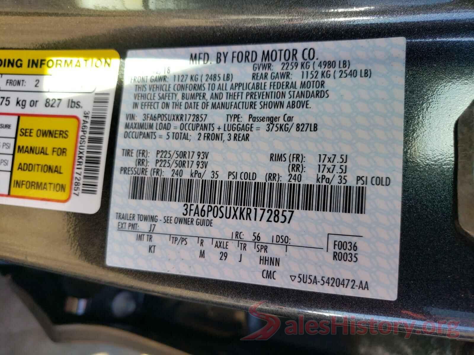 3FA6P0SUXKR172857 2019 FORD FUSION