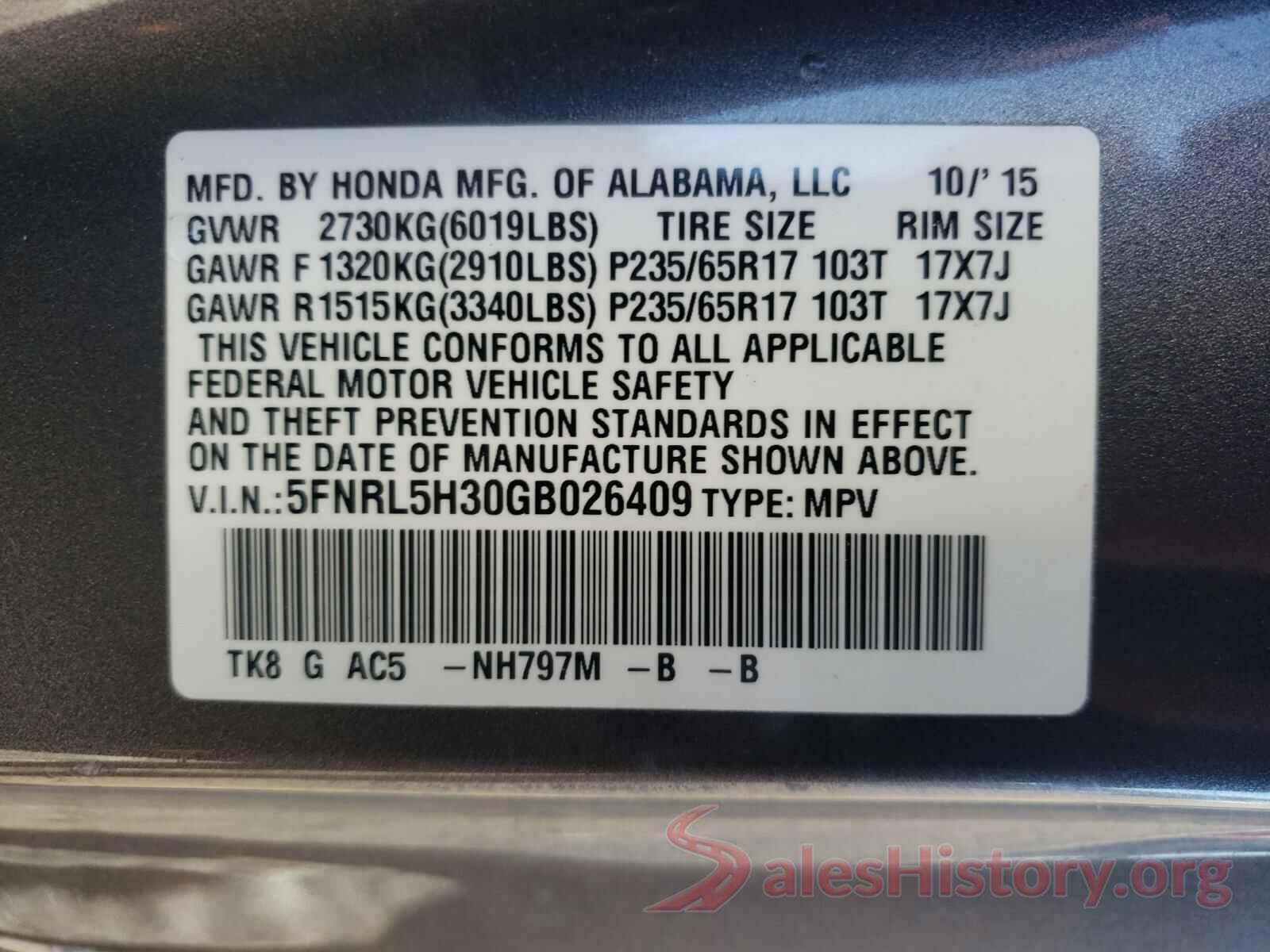 5FNRL5H30GB026409 2016 HONDA ODYSSEY