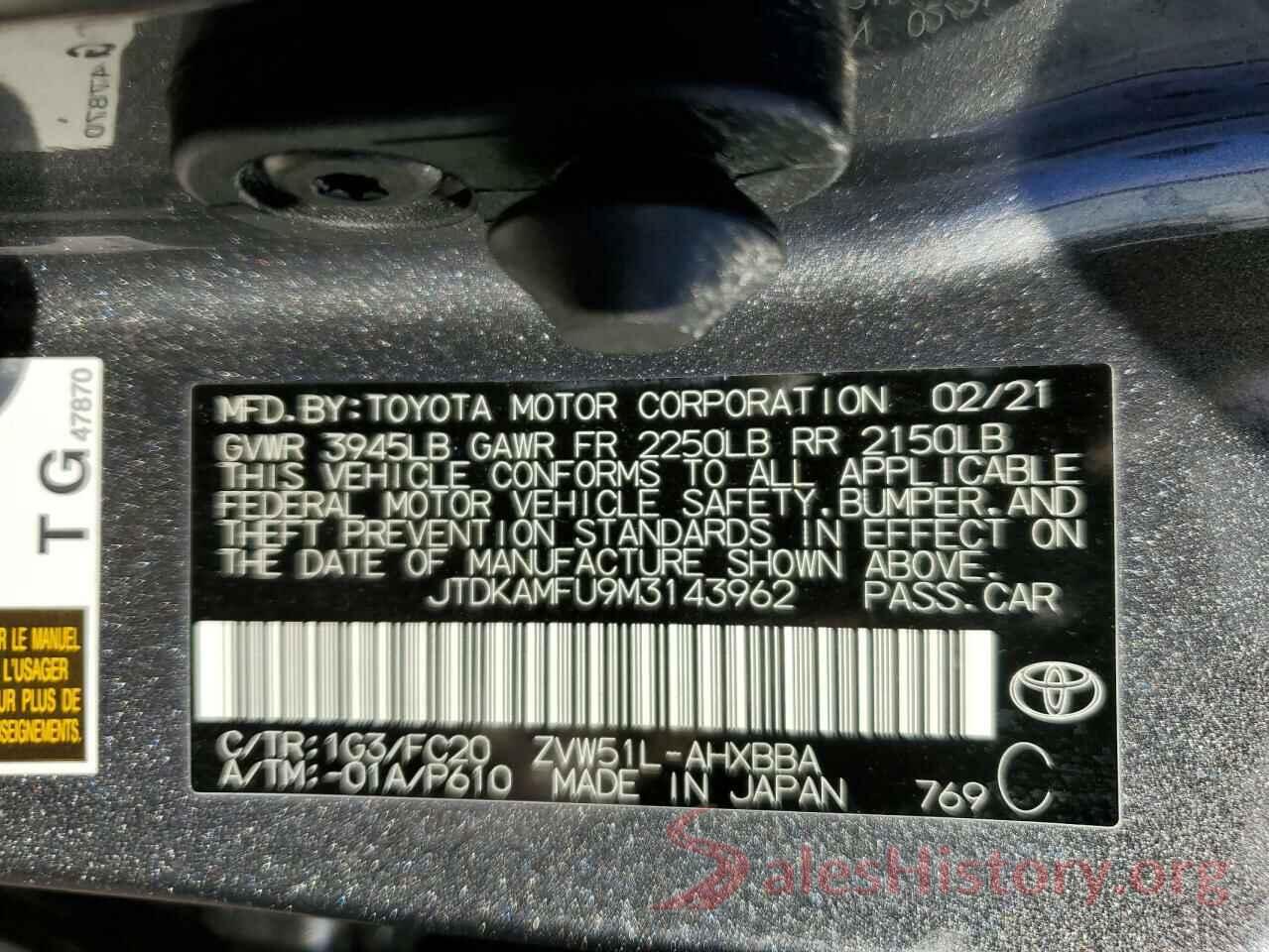 JTDKAMFU9M3143962 2021 TOYOTA PRIUS