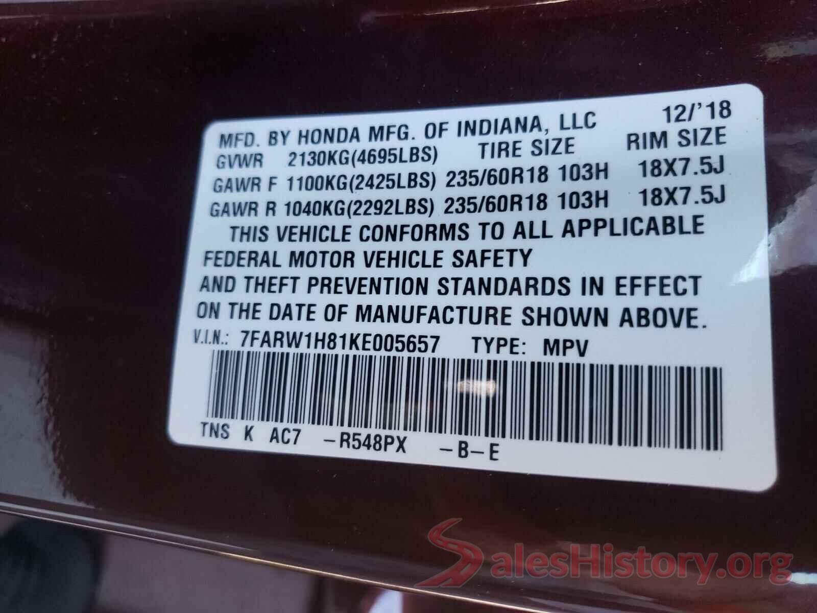 7FARW1H81KE005657 2019 HONDA CRV