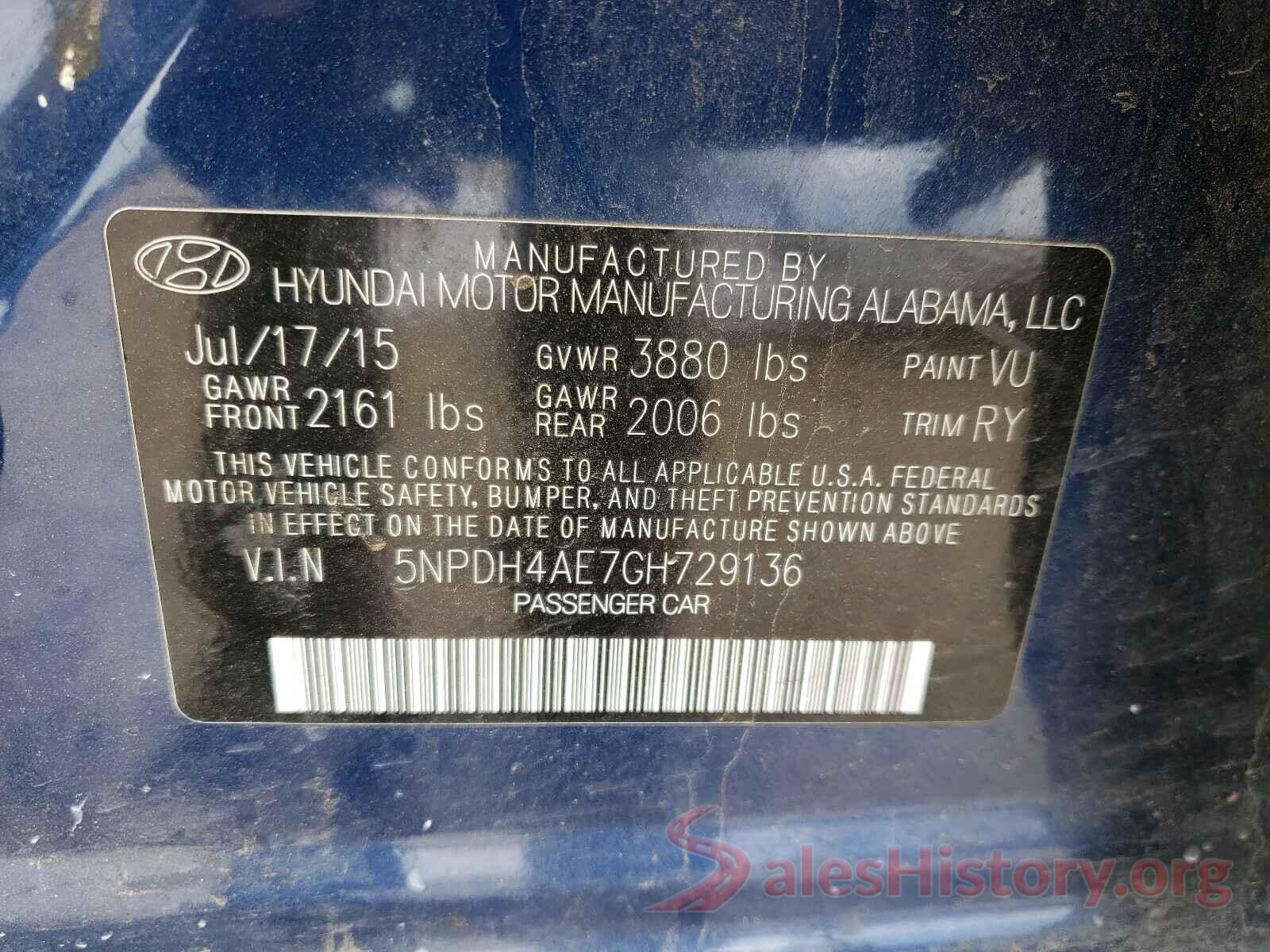 5NPDH4AE7GH729136 2016 HYUNDAI ELANTRA