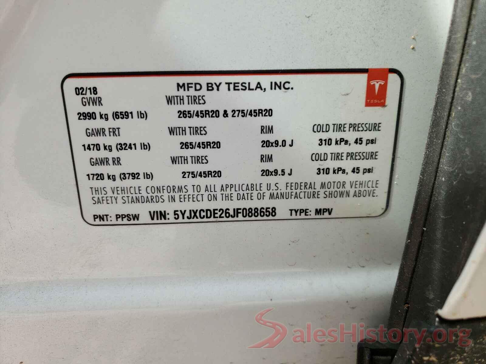 5YJXCDE26JF088658 2018 TESLA MODEL X