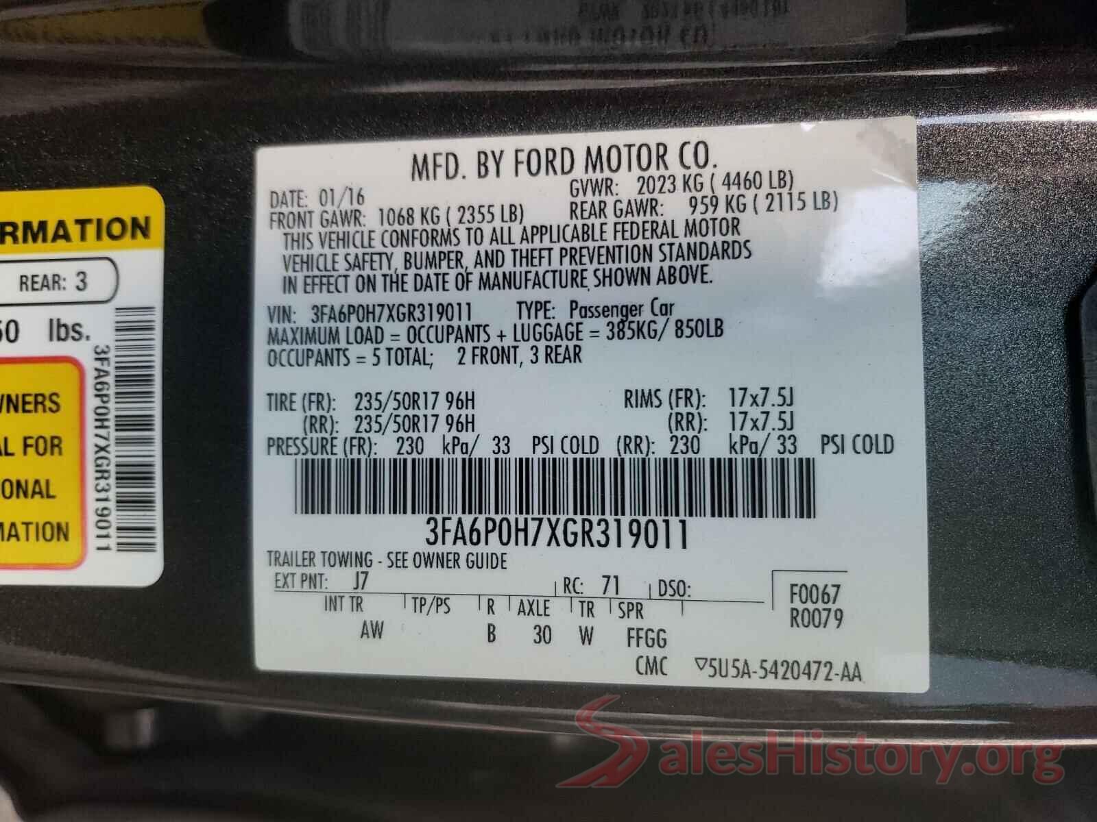 3FA6P0H7XGR319011 2016 FORD FUSION