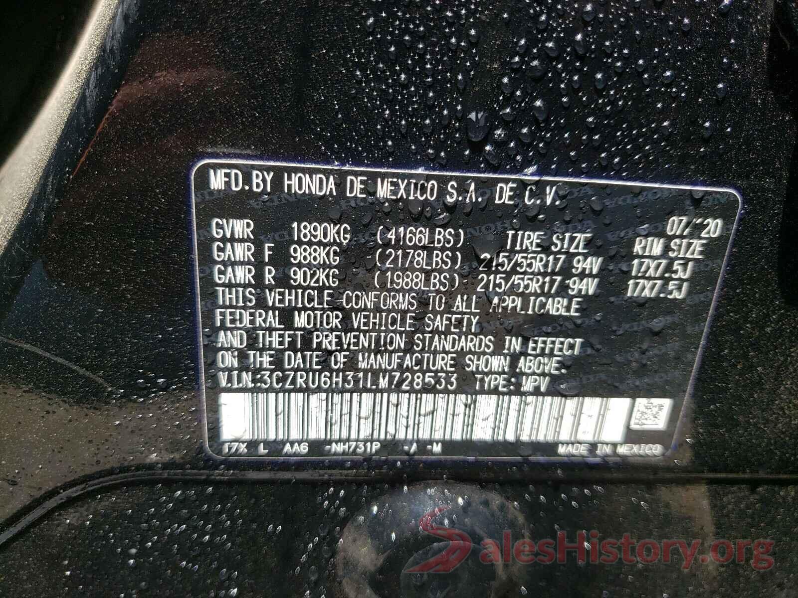 3CZRU6H31LM728533 2020 HONDA HR-V