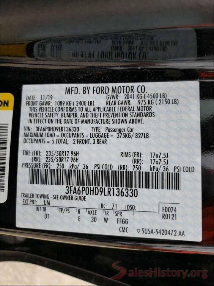 3FA6P0HD9LR136330 2020 FORD FUSION