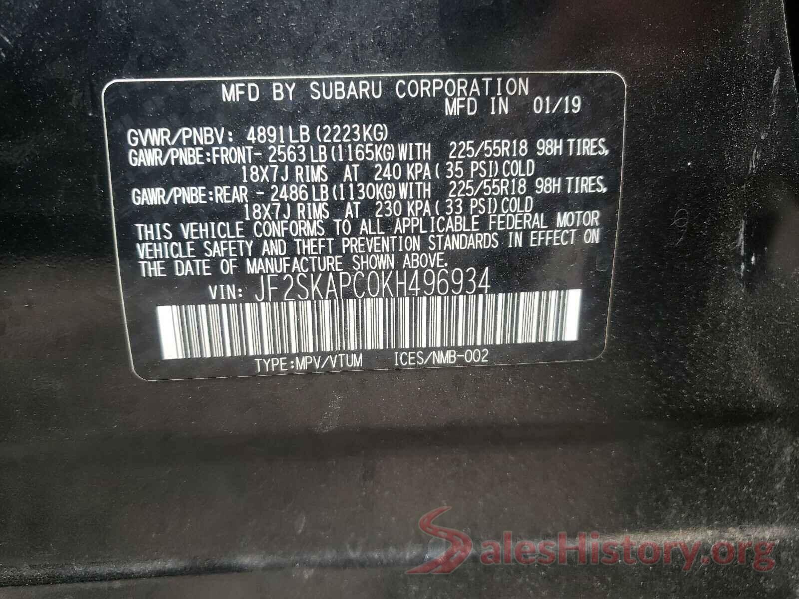 JF2SKAPC0KH496934 2019 SUBARU FORESTER