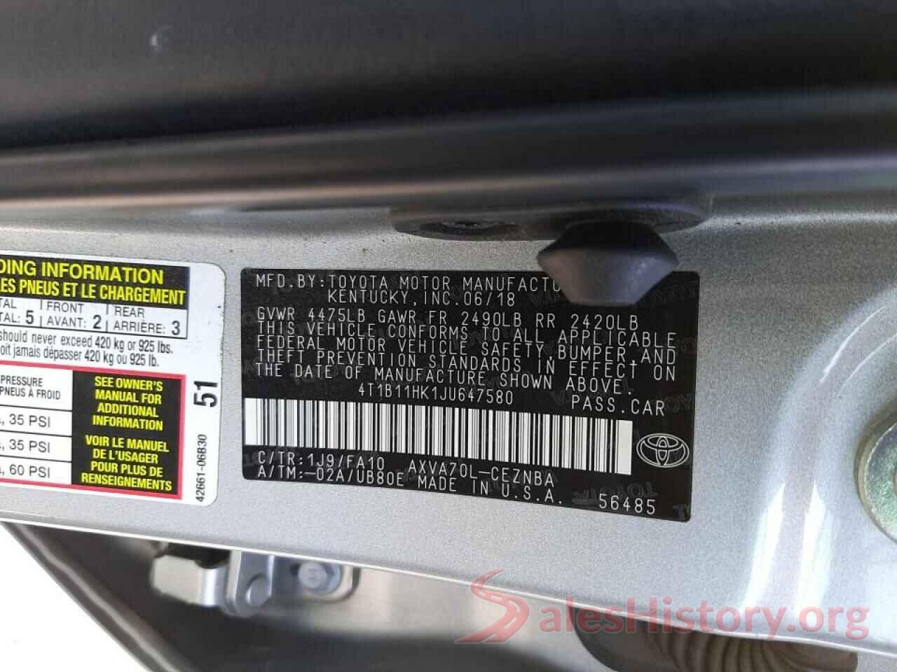 4T1B11HK1JU647580 2018 TOYOTA CAMRY