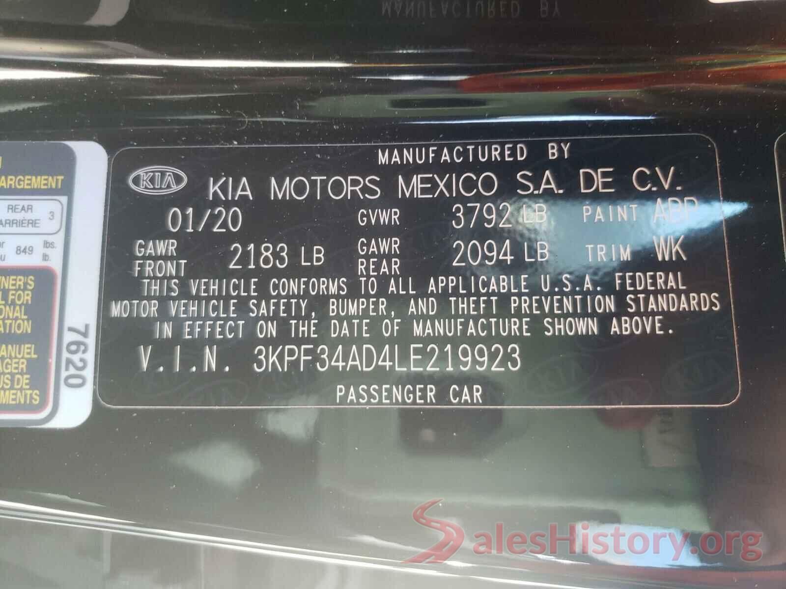 3KPF34AD4LE219923 2020 KIA FORTE