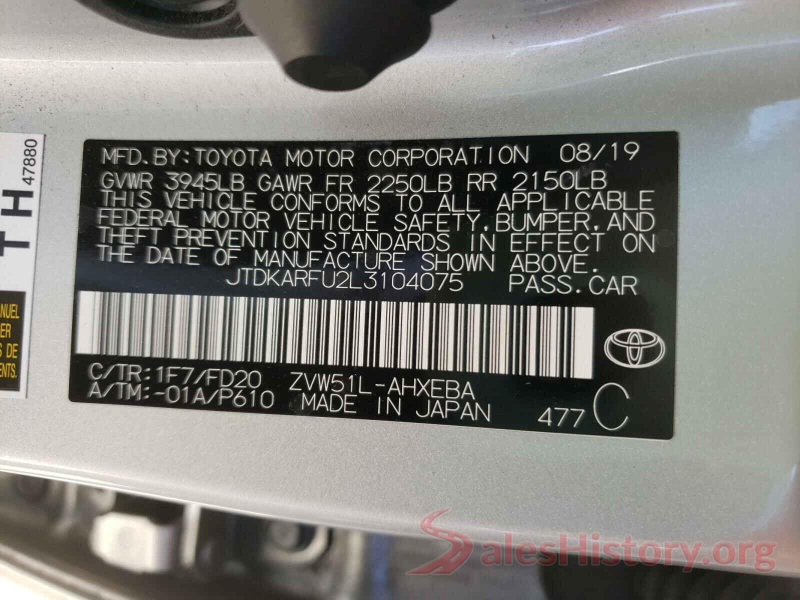 JTDKARFU2L3104075 2020 TOYOTA PRIUS