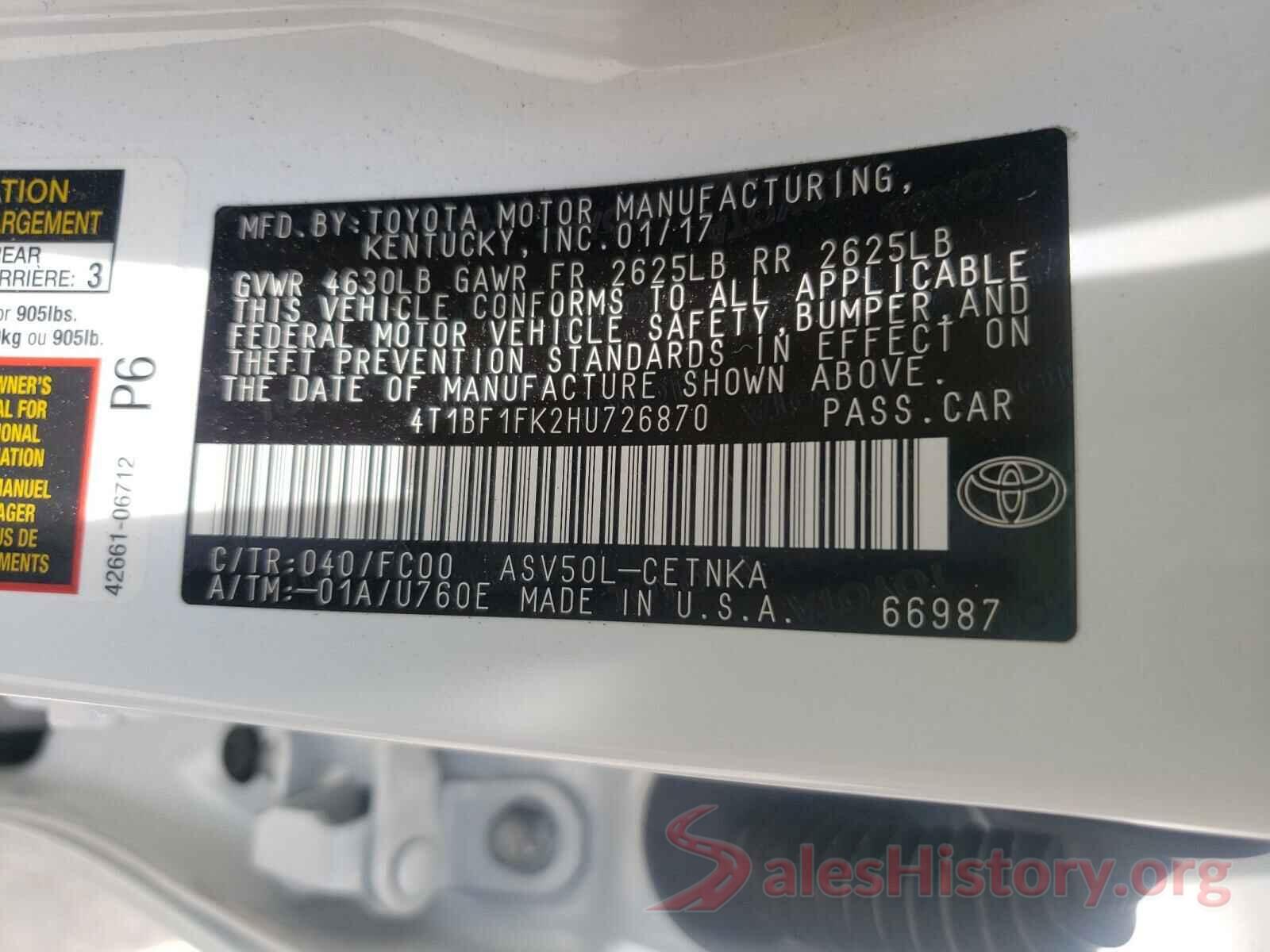 4T1BF1FK2HU726870 2017 TOYOTA CAMRY