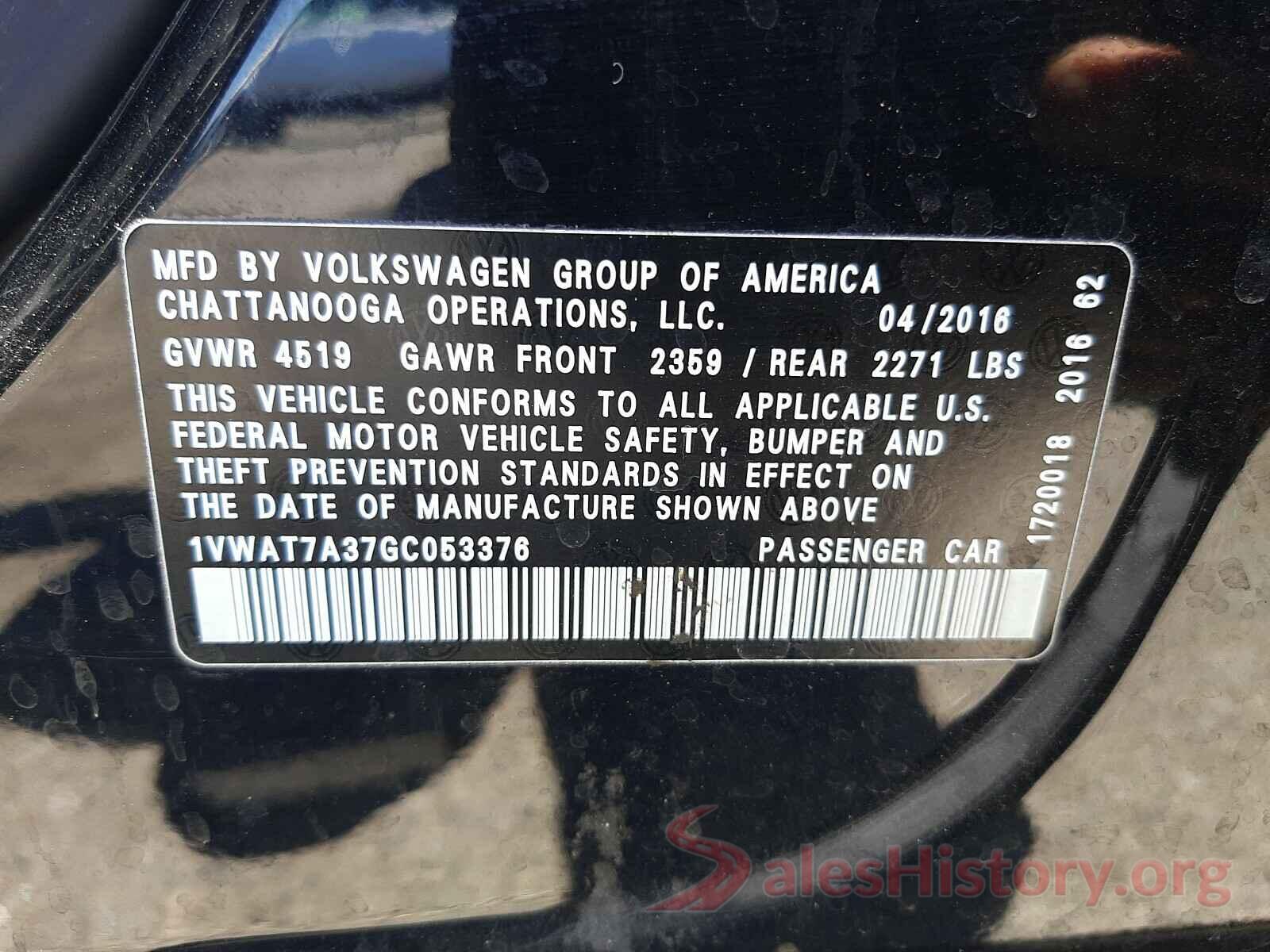 1VWAT7A37GC053376 2016 VOLKSWAGEN PASSAT