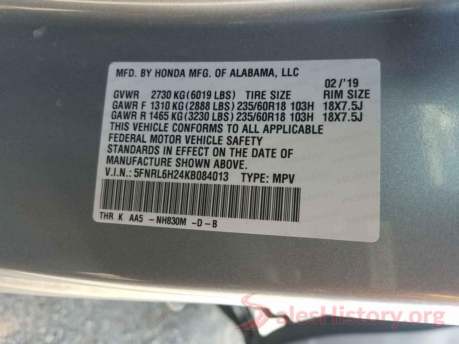 5FNRL6H24KB084013 2019 HONDA ODYSSEY