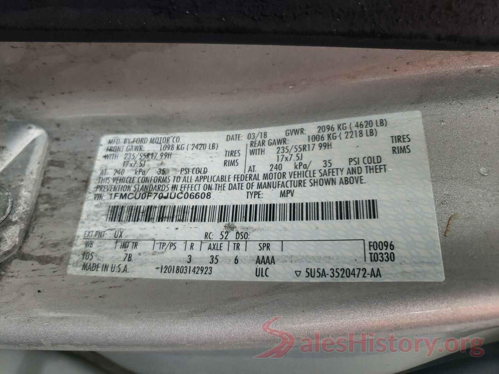 1FMCU0F70JUC06608 2018 FORD ESCAPE