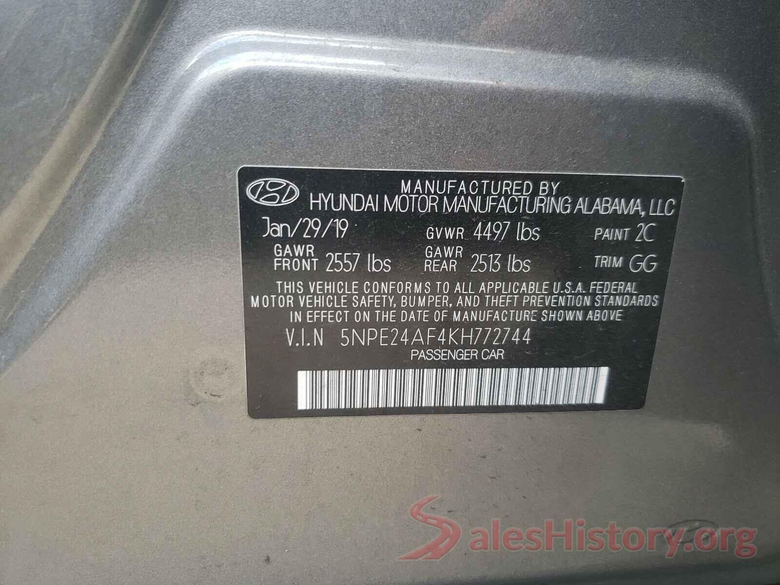 5NPE24AF4KH772744 2019 HYUNDAI SONATA