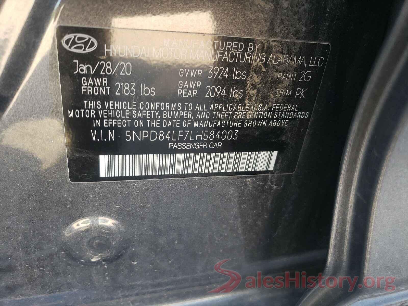 5NPD84LF7LH584003 2020 HYUNDAI ELANTRA