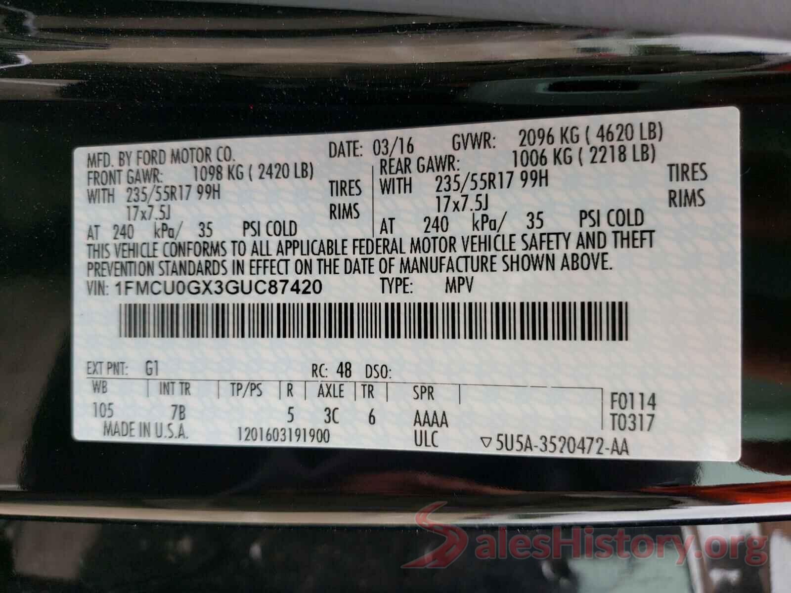 1FMCU0GX3GUC87420 2016 FORD ESCAPE