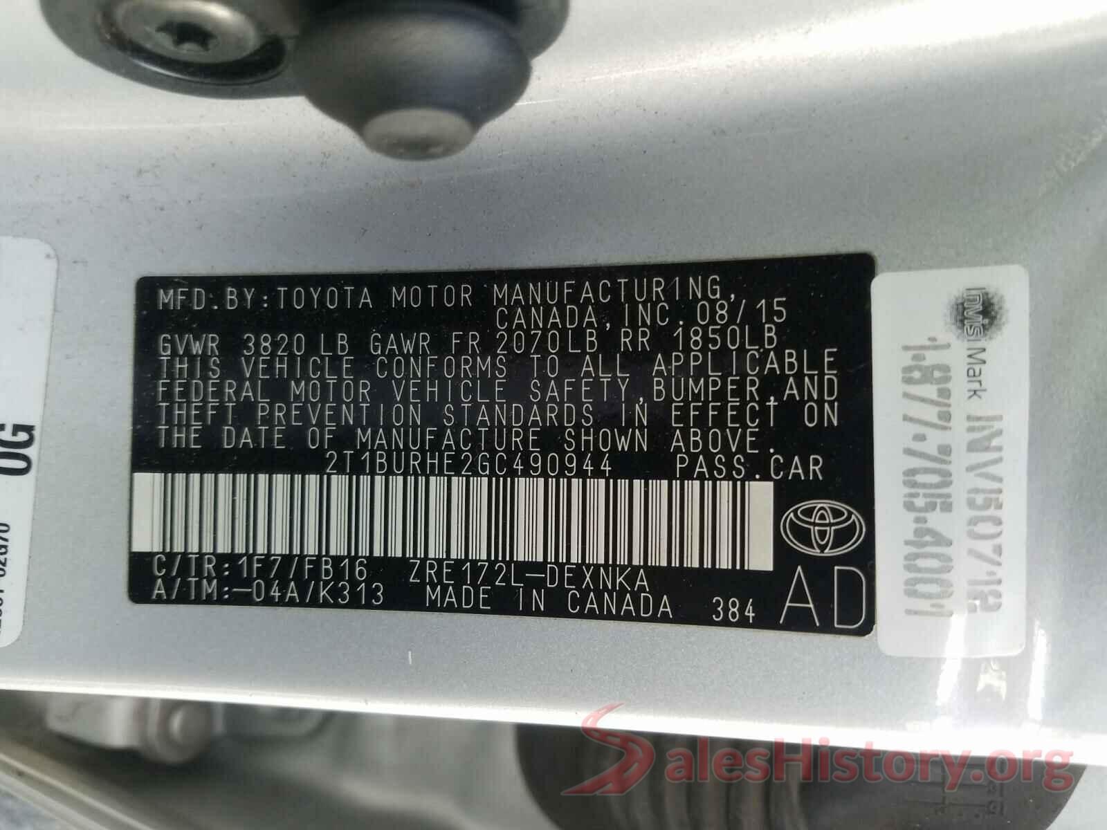 2T1BURHE2GC490944 2016 TOYOTA COROLLA