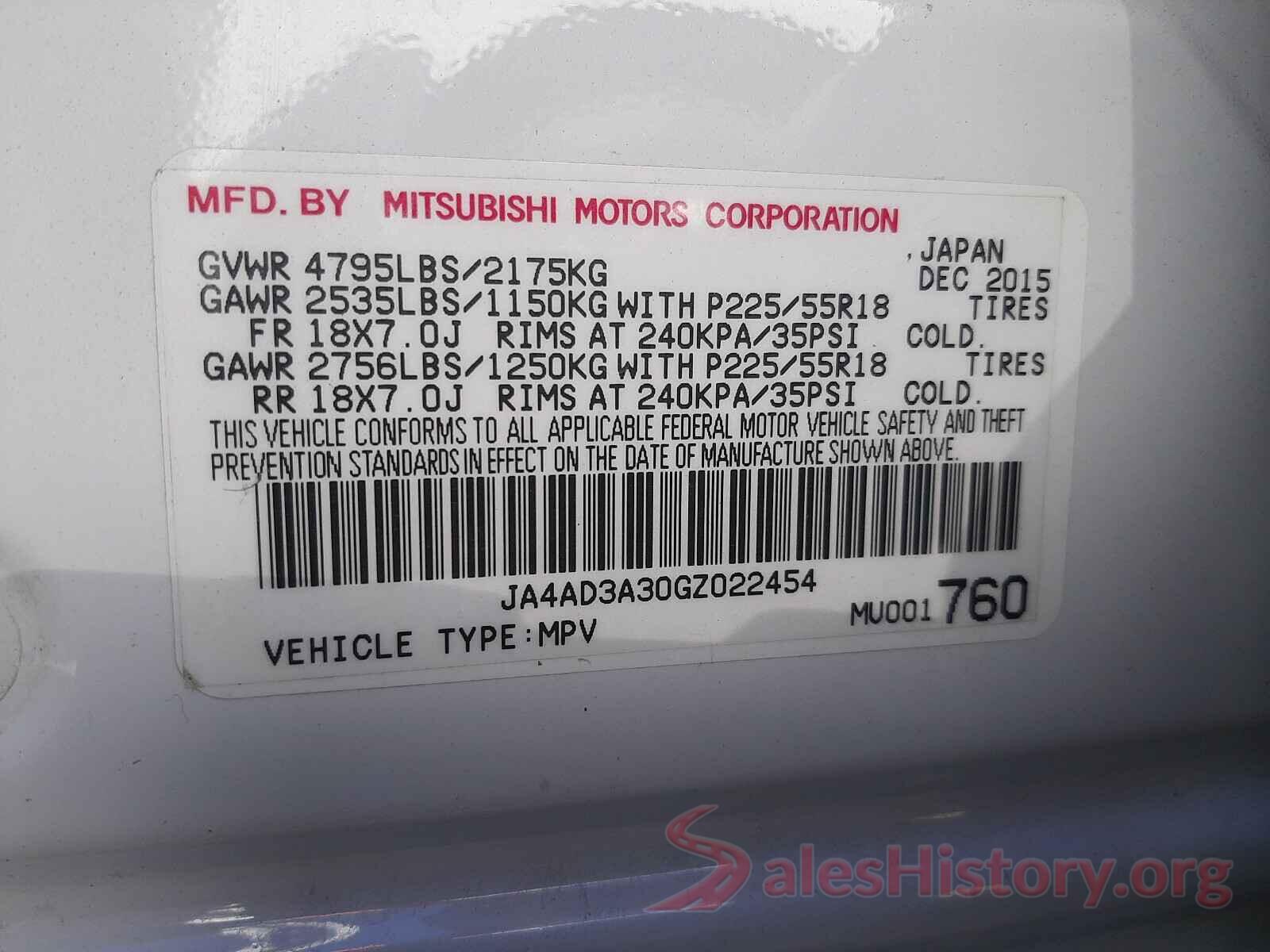 JA4AD3A30GZ022454 2016 MITSUBISHI OUTLANDER