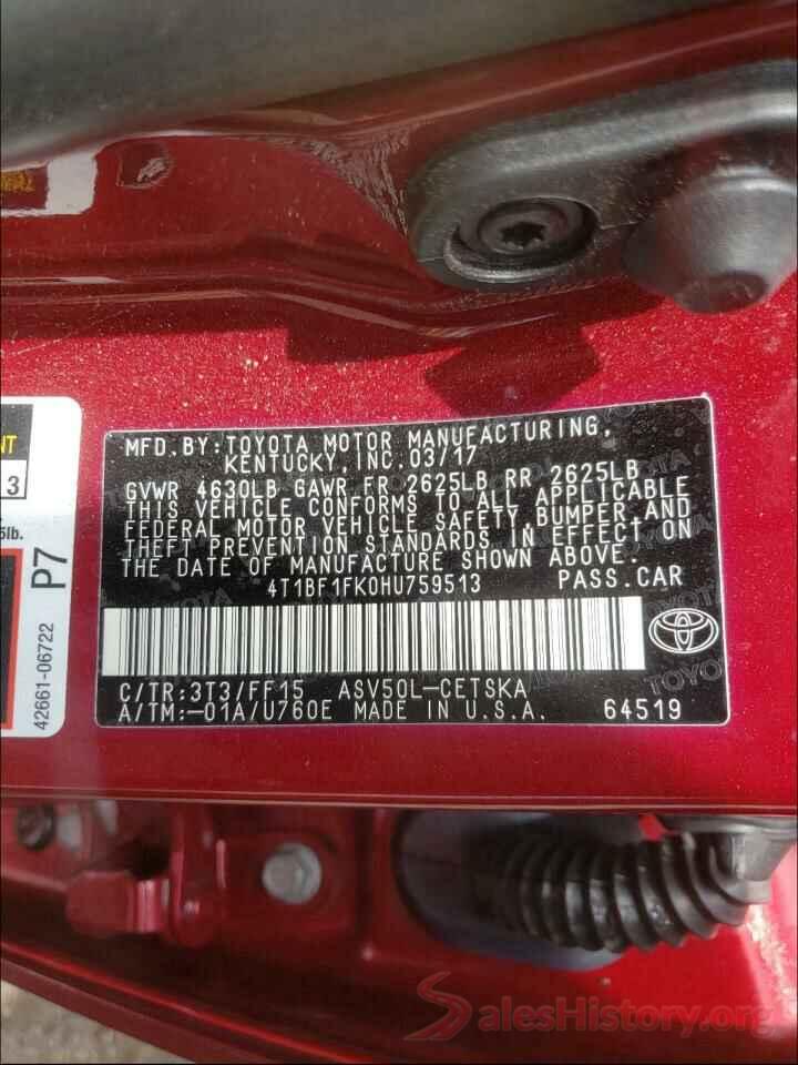 4T1BF1FK0HU759513 2017 TOYOTA CAMRY