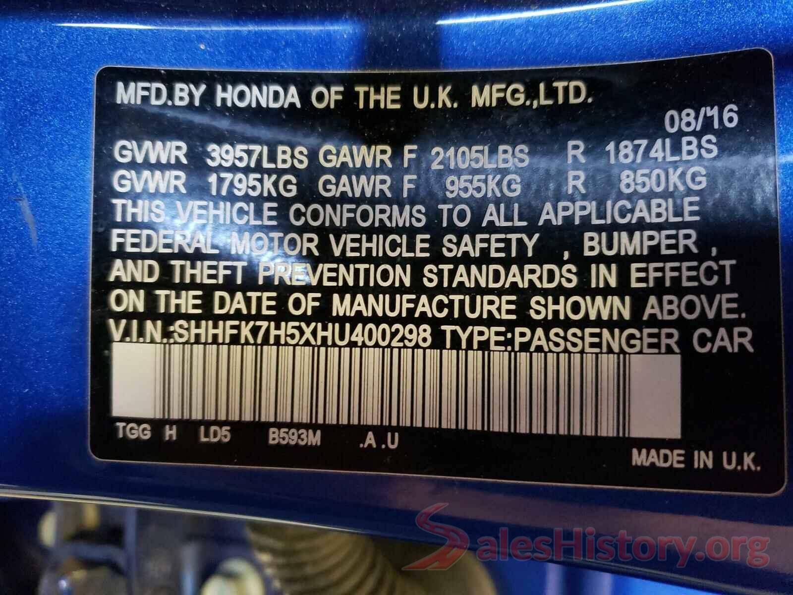 SHHFK7H5XHU400298 2017 HONDA CIVIC