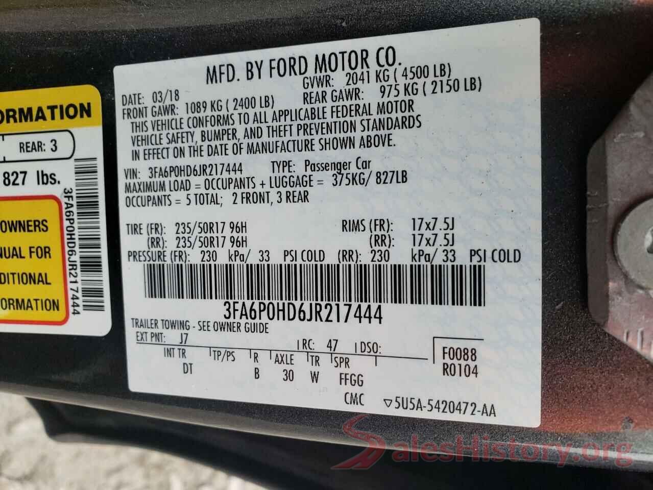 3FA6P0HD6JR217444 2018 FORD FUSION