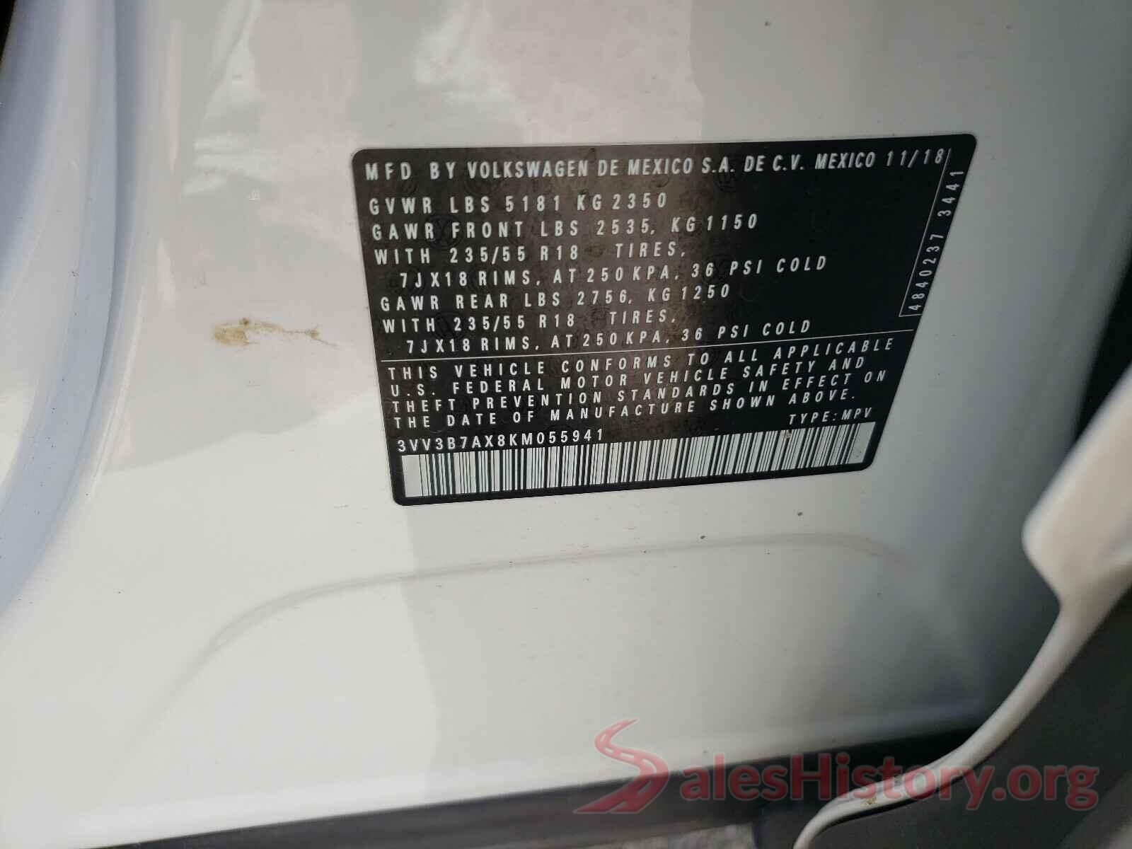 3VV3B7AX8KM055941 2019 VOLKSWAGEN TIGUAN