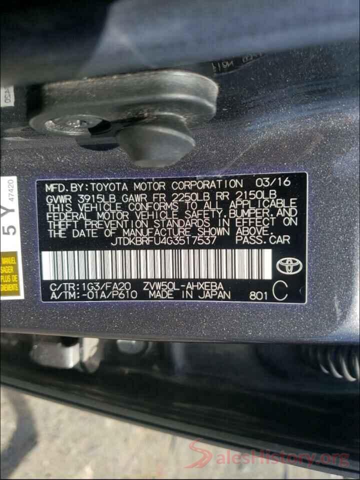 JTDKBRFU4G3517537 2016 TOYOTA PRIUS